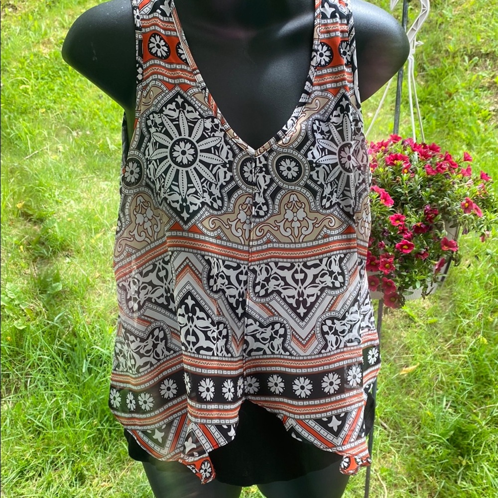 A. Byer Black and Orange Asymmetrical Graphic Tank Top